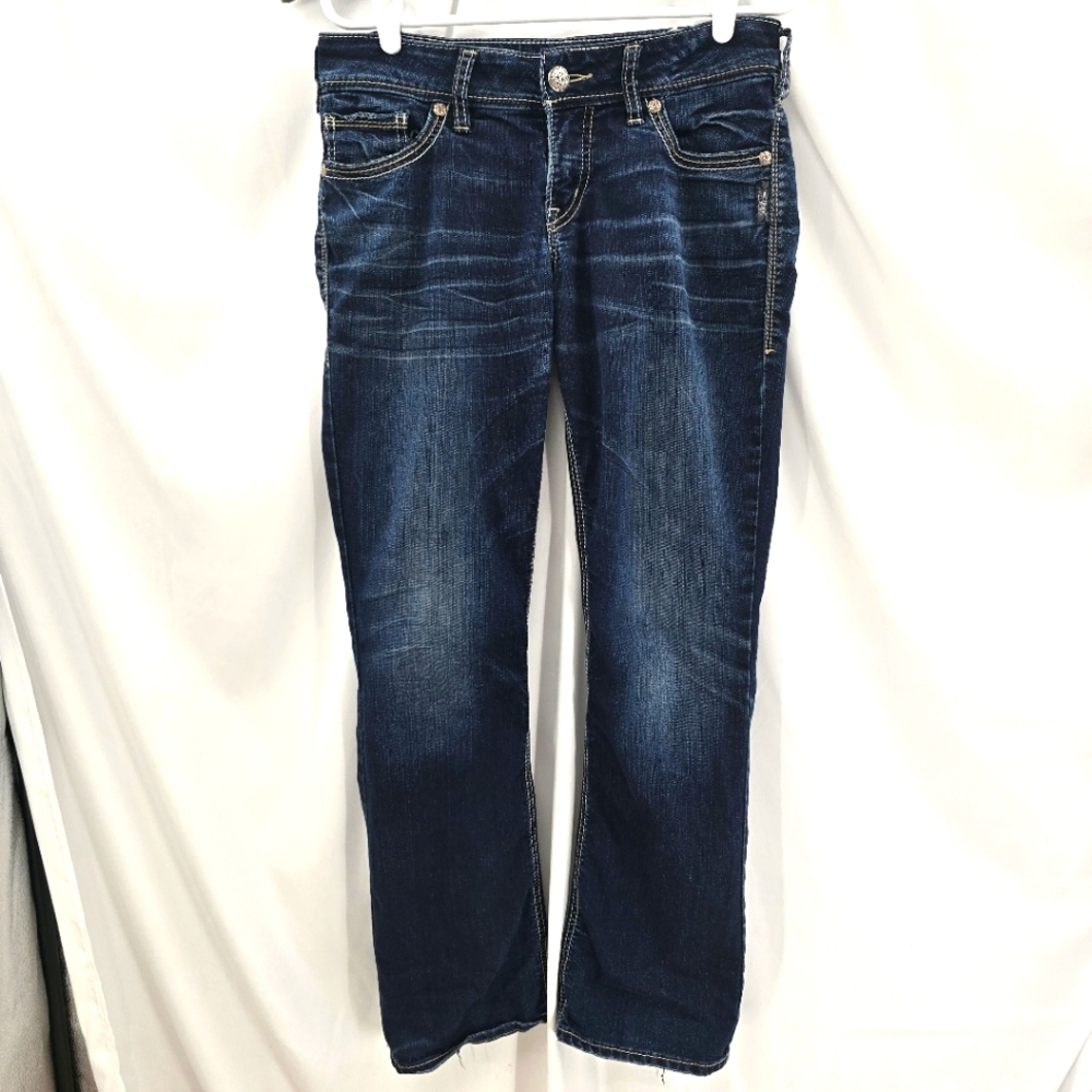 Silver Suki Mid Slim Bootcut Blue Jeans Women's 28X31 Super Stretch Dark‎ Read.